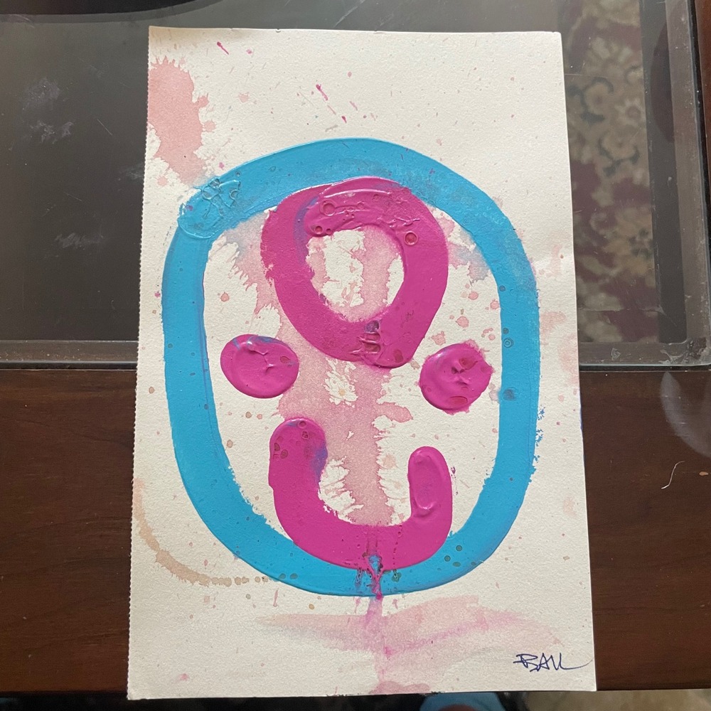 Original Abstract Art Painting Smiley Happy Face Pink Blue‎ Circles Signed BAIL